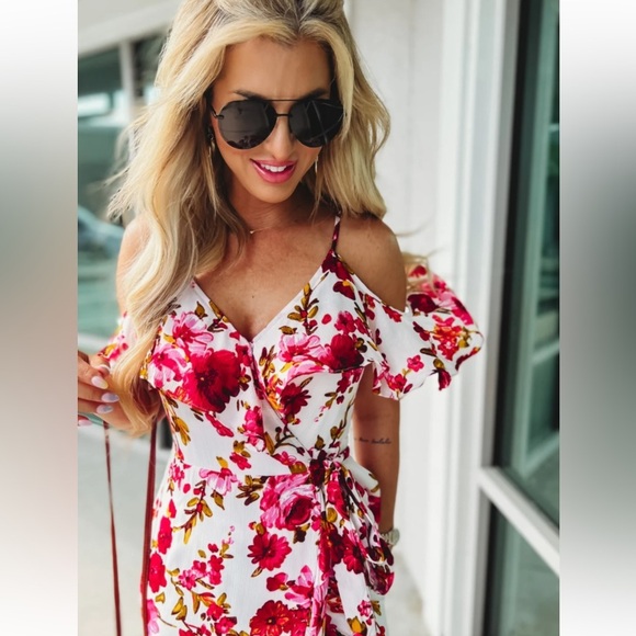 Bluivy Dreaming of Roses wrap front maxi dress pink white cold shoulder rayon - Picture 2 of 14